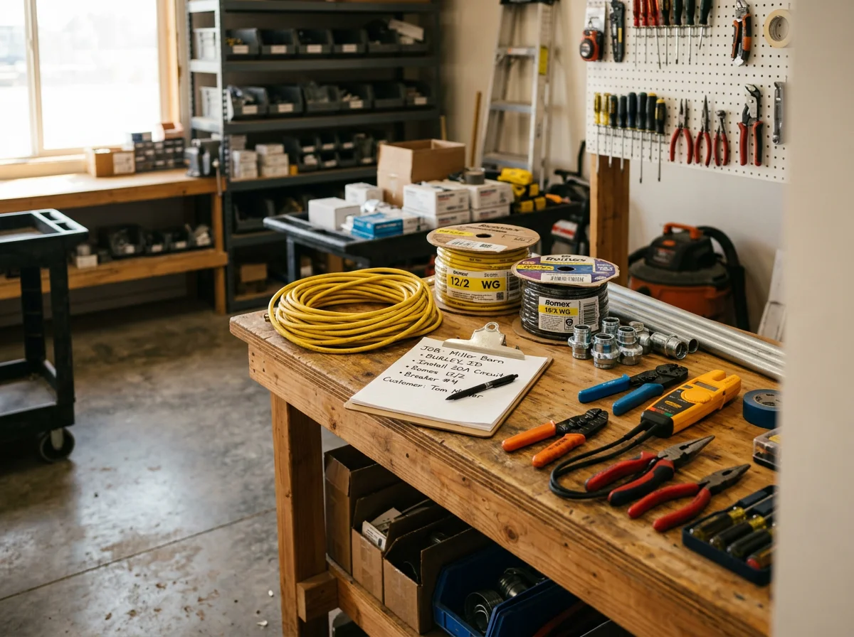 Professional electrician's tools and equipment arranged on a workbench, representing the skilled trades and technical expertise of the electrical contracting business.