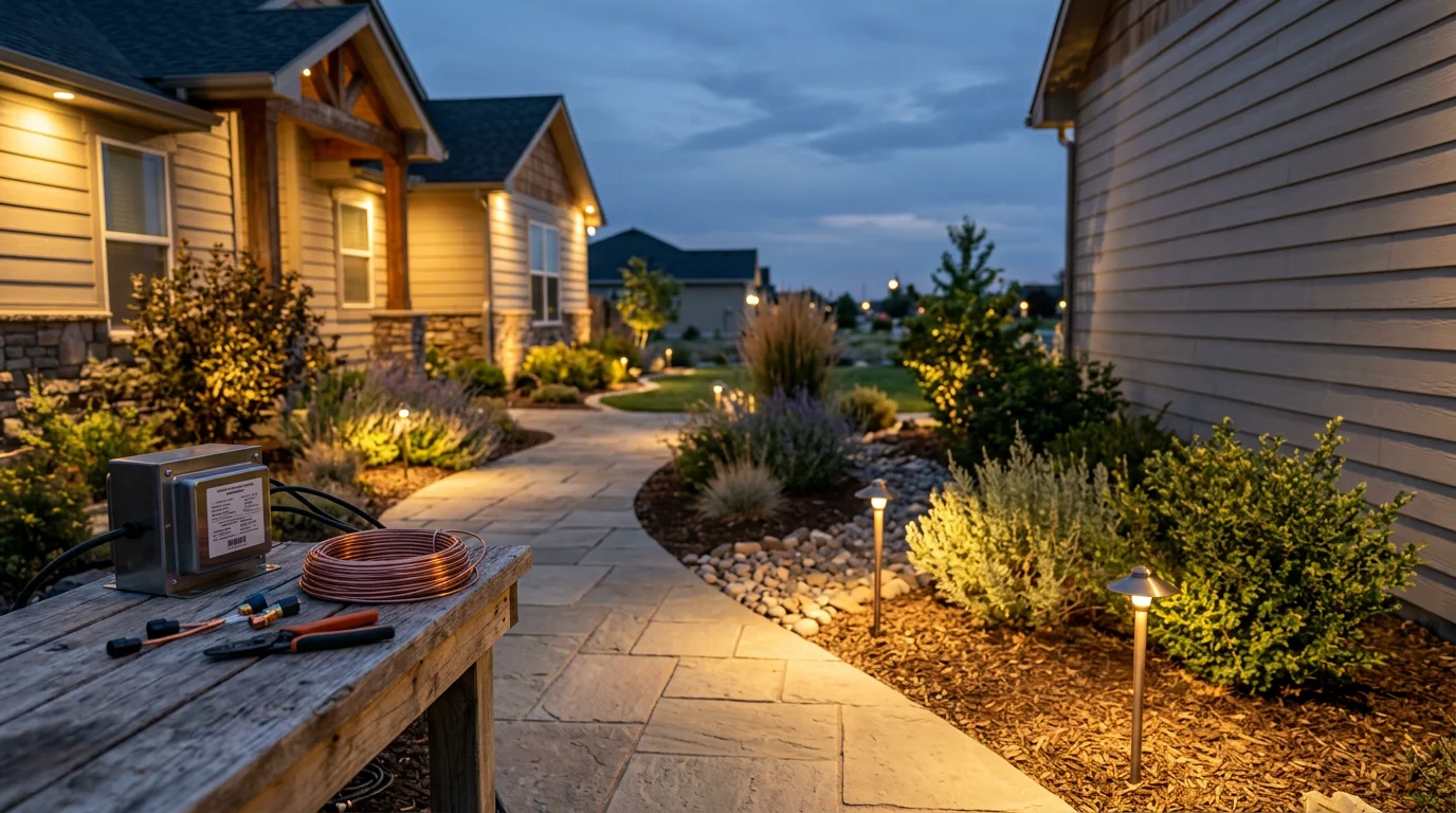 Landscape lighting illuminating a residential yard at dusk