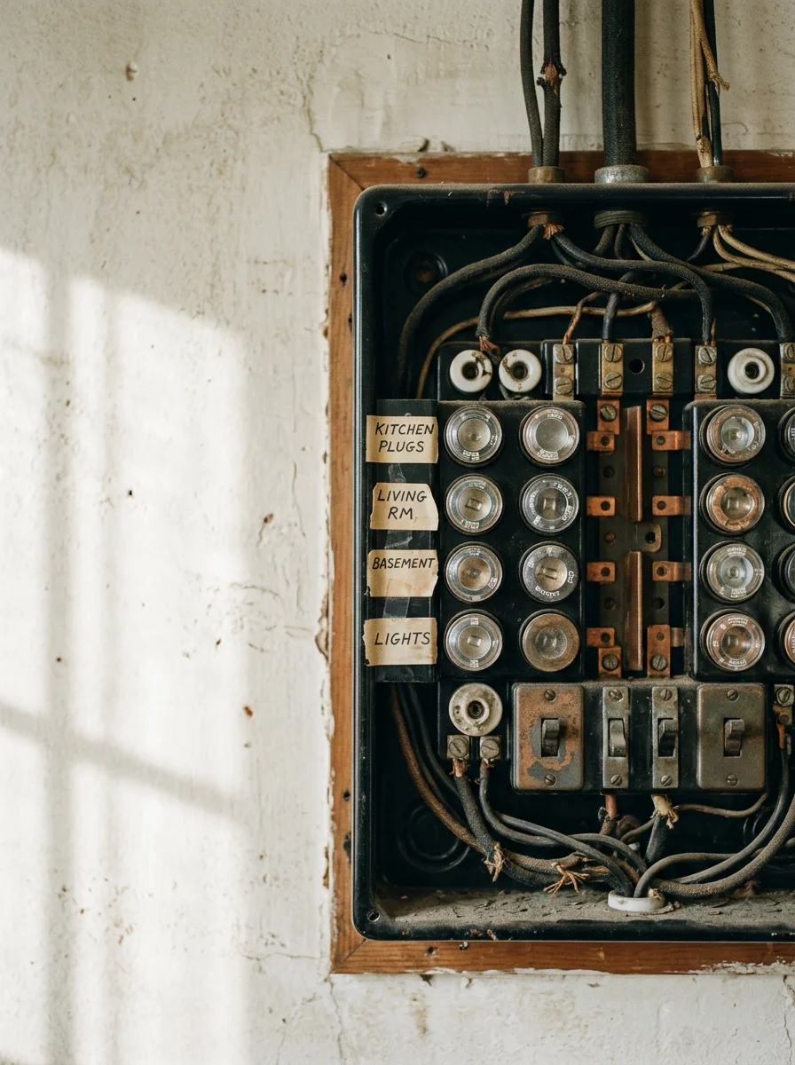 Interior of a 1920s craftsman bungalow in American Falls, Idaho, showing an aging electrical panel being assessed for a panel change out.