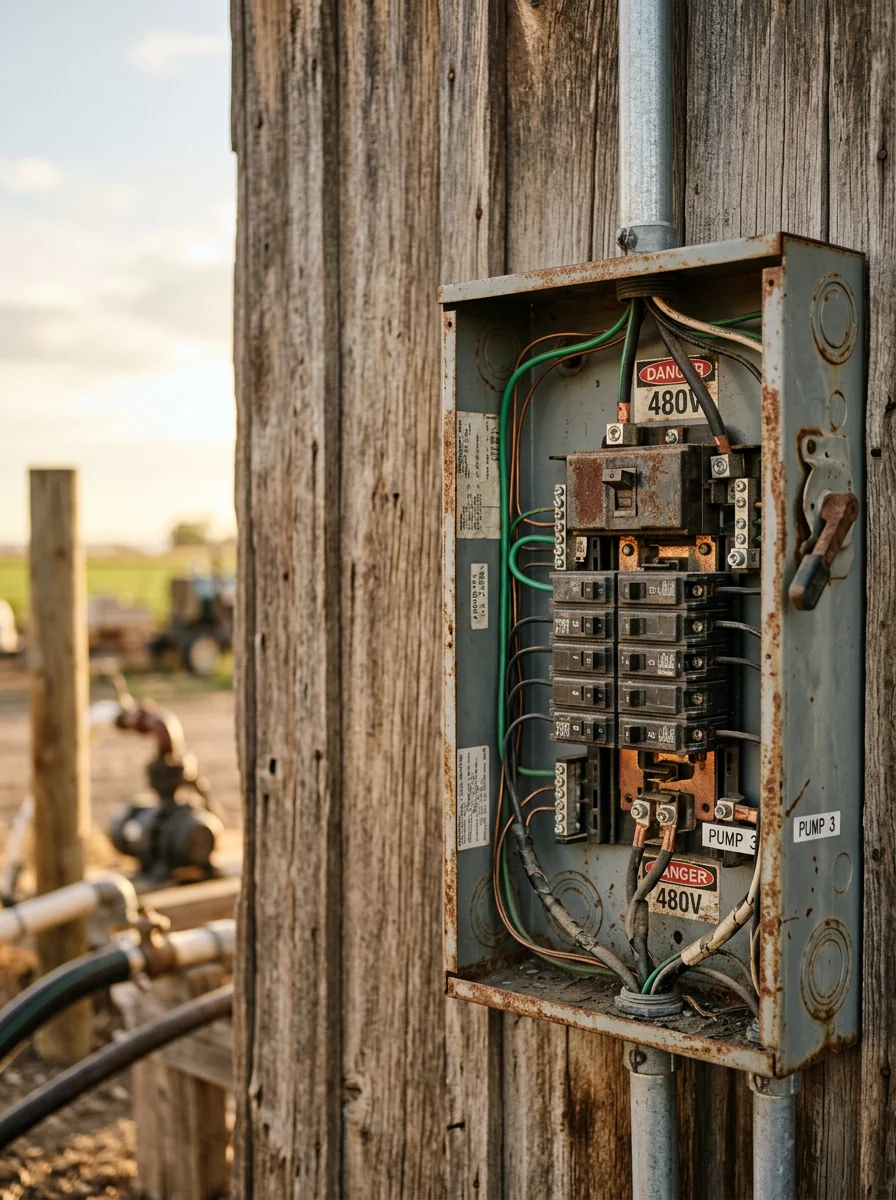 Close-up of an agricultural electrical panel mounted on a farm outbuilding near Burley, Idaho, serving an irrigation pump system.