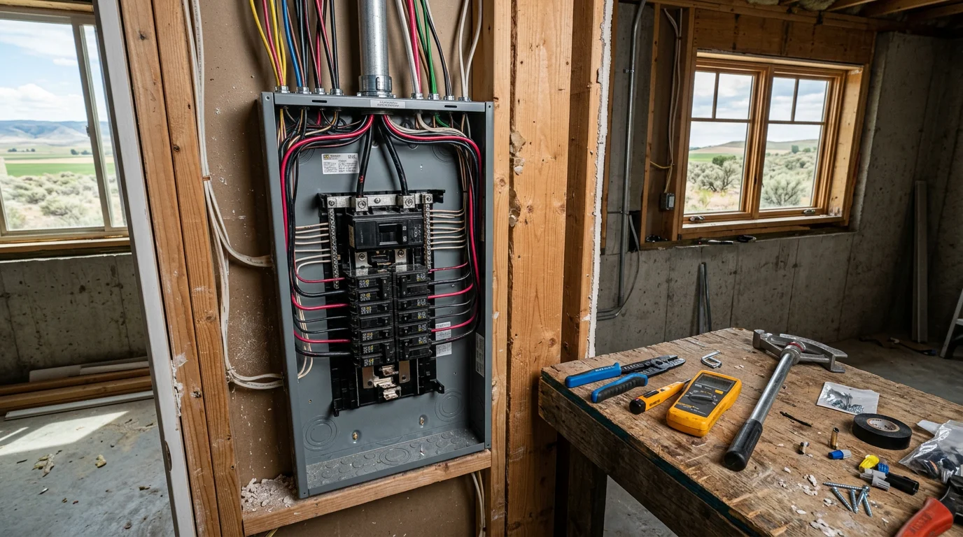 Electrician installing a new 200-amp panel in a single-family home in Burley, Idaho, with the Snake River Plain visible through the window.