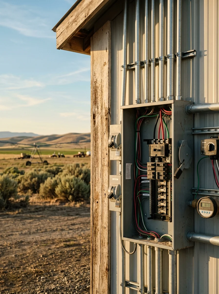 Agricultural irrigation equipment and farm building electrical installation in rural Cassia County