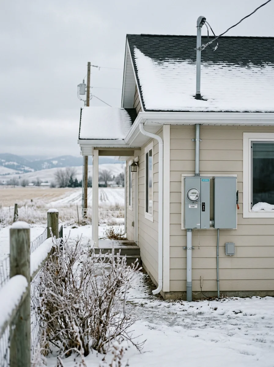 Modern residential home in Eden, Idaho with winter snow on roof and surrounding fields