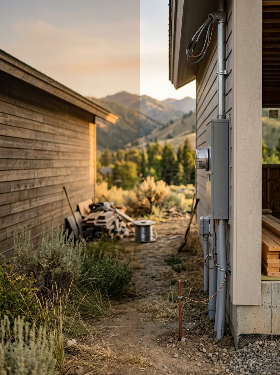 New electrical panel installation in a custom home under construction in Hailey, Idaho, showing service entrance wiring and breaker layout.