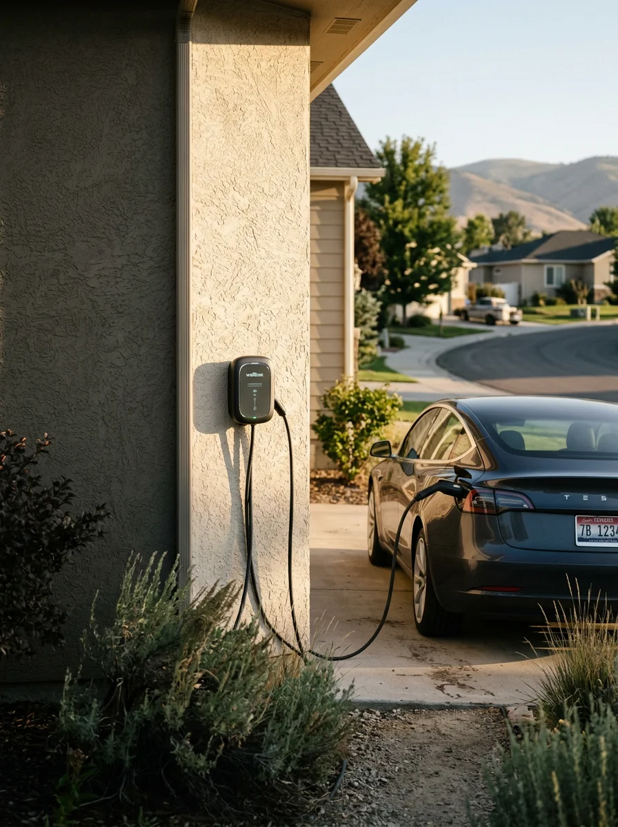 Level 2 EV charger mounted on the exterior wall of a single-family home in a Jerome, Idaho subdivision, with a vehicle plugged in.