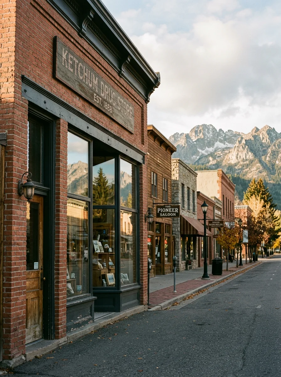 Downtown Ketchum street with commercial buildings and mountain backdrop, showing mixed-use development