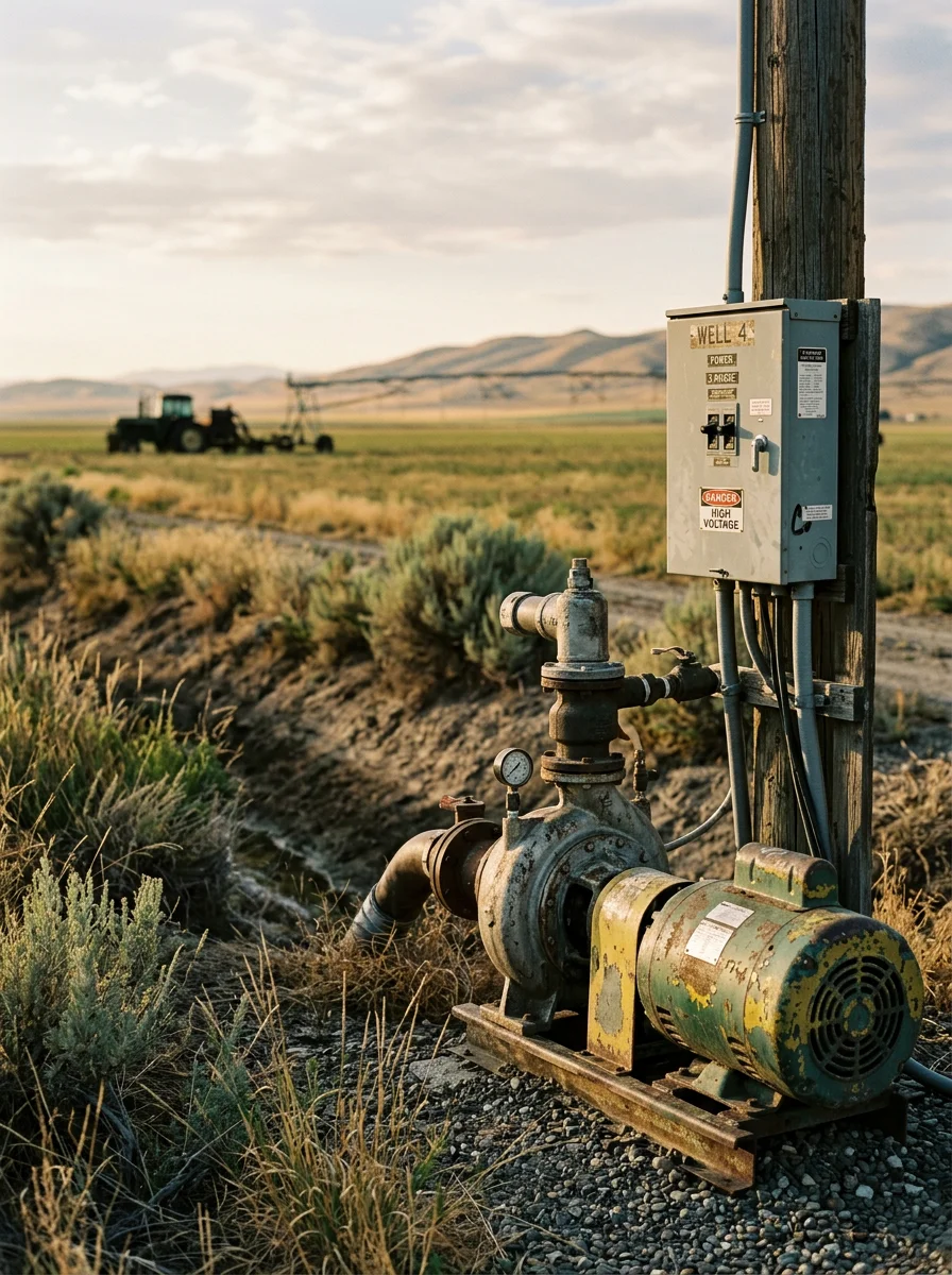Irrigation pump and electrical panel in Cassia County agricultural setting