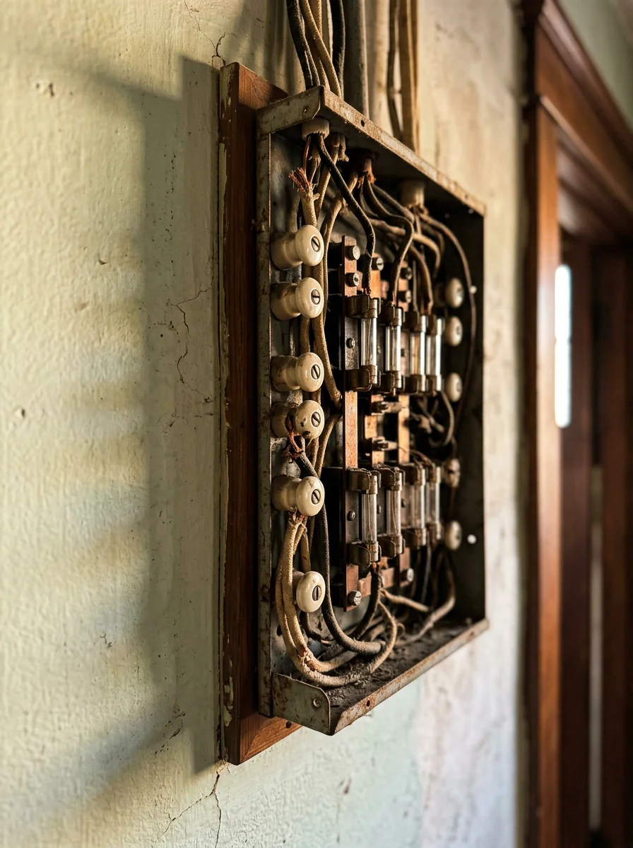 Interior view of an aging electrical panel in a craftsman bungalow near the Idaho State University neighborhood in Pocatello, Idaho, showing outdated wiring.