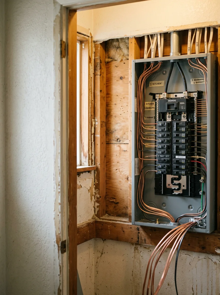 Residential panel change out in progress inside an older single-family home in Rupert, Idaho, with new 200-amp service being installed.