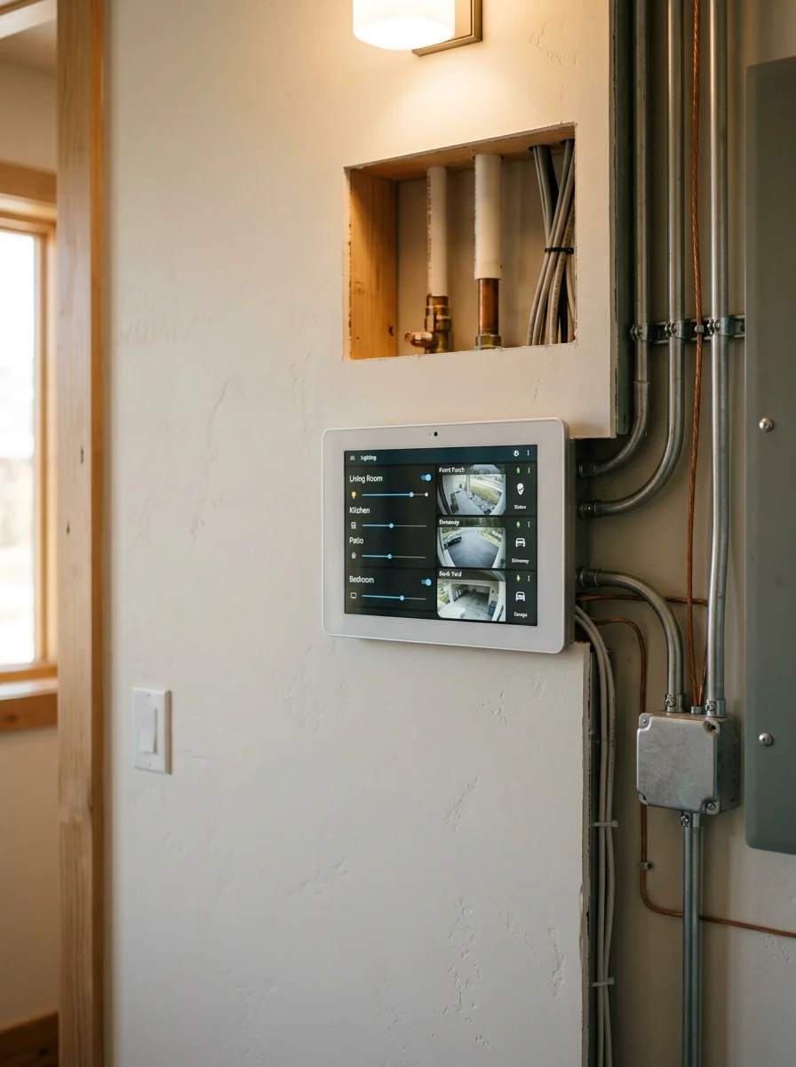 Smart home control panel mounted in the utility room of a custom mountain home in Ketchum, Idaho, showing integrated lighting and security camera controls.