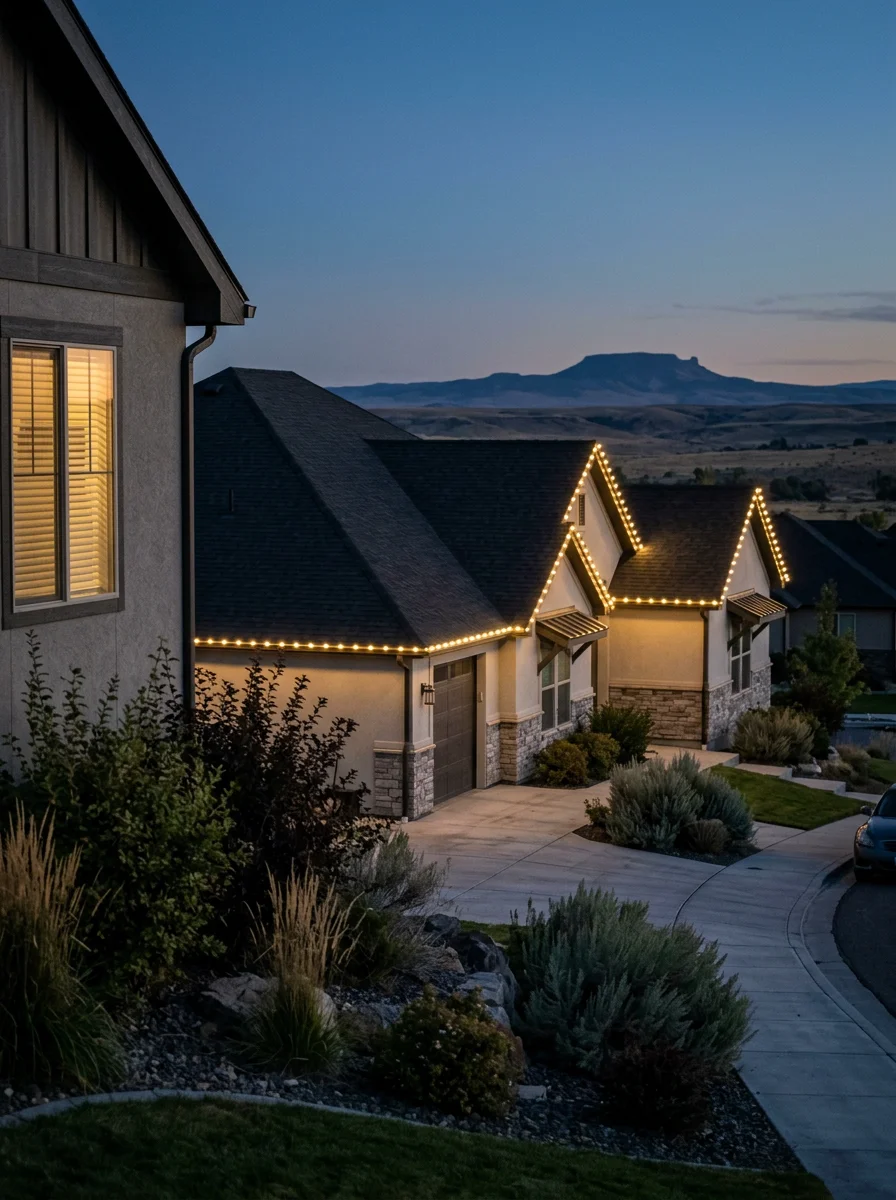 Permanent LED holiday lighting installed on the roofline of a newer home in the Morning Sun subdivision in Twin Falls, Idaho.