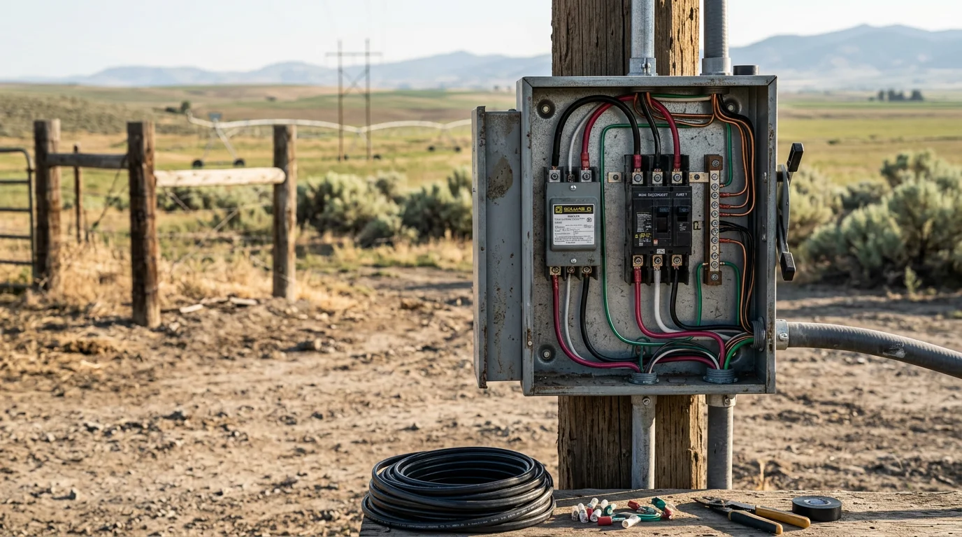 Electrical panel and wiring installation at an agricultural pump station on a farm in Burley, Idaho. A weatherproof enclosure houses the circuit breakers that power an irrigation pump system in a southern Idaho field.