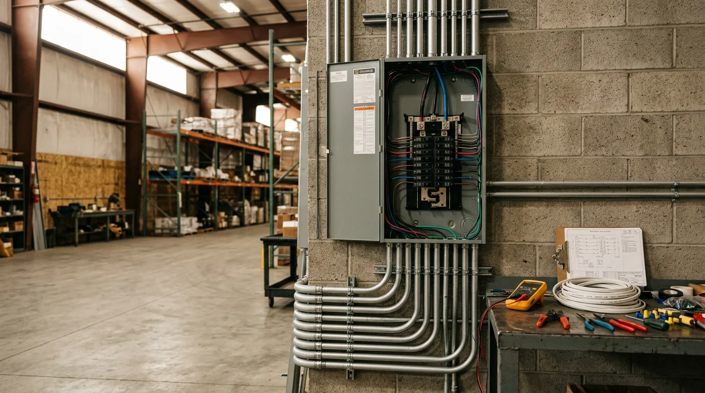 A commercial building interior in Burley, Idaho showing newly installed electrical panel, conduit runs, and branch circuit wiring during the rough-in phase of construction. An electrician from Mtn Ops Electric works on the panel box in a framed-out commercial space.