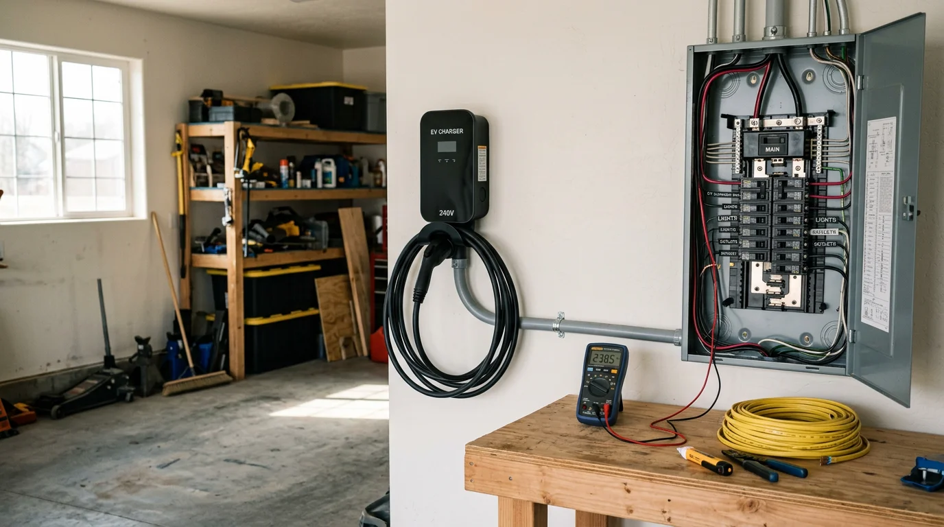 A wall-mounted Level 2 EV charger installed in a residential garage in Burley, Idaho, with a clean dedicated circuit run along the wall to the electrical panel. An electric vehicle is plugged in and charging inside the garage.