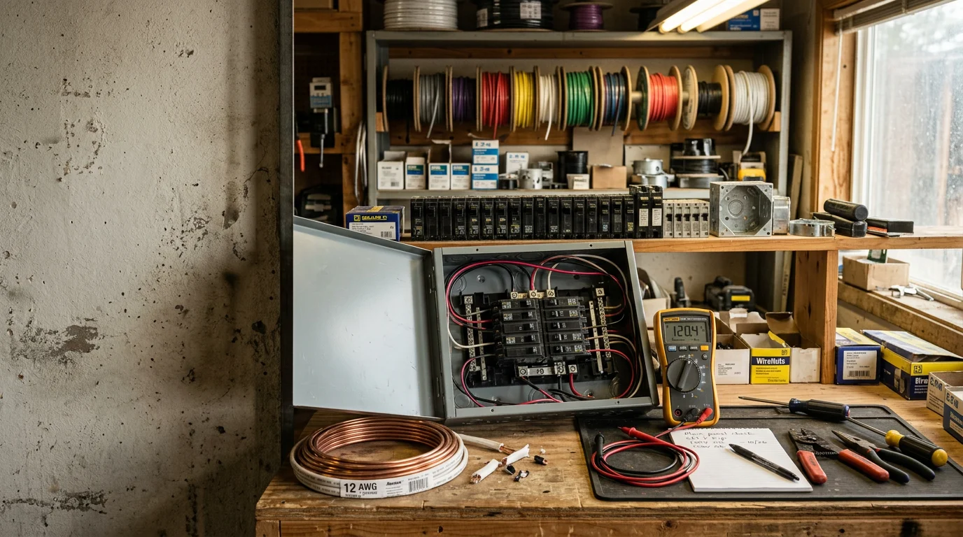 An electrician inspecting a residential electrical panel inside an older home in Burley, Idaho. The panel cover is open and the technician is examining circuit breakers and wiring connections.