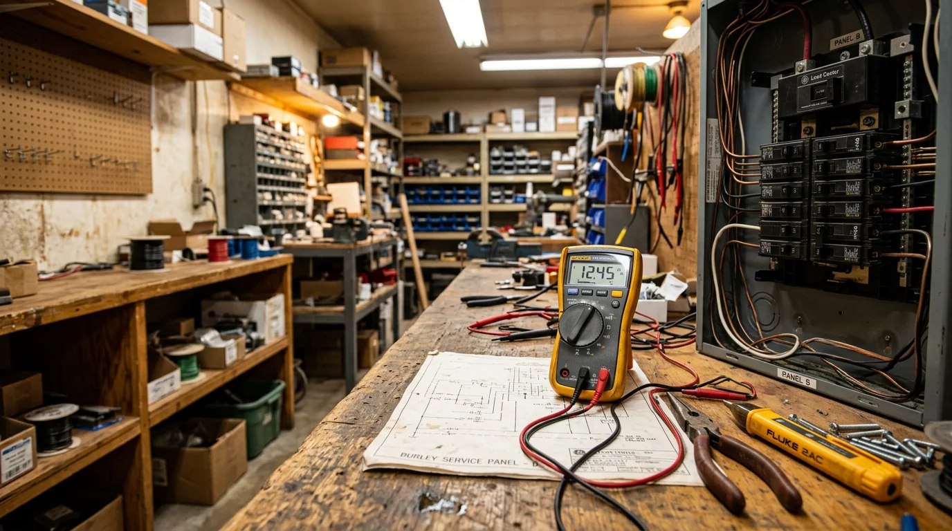 An electrician from Mtn Ops Electric testing a residential electrical panel during a troubleshooting visit at a home in Burley, Idaho. The technician uses a diagnostic meter to trace a circuit fault in an older single-family property.