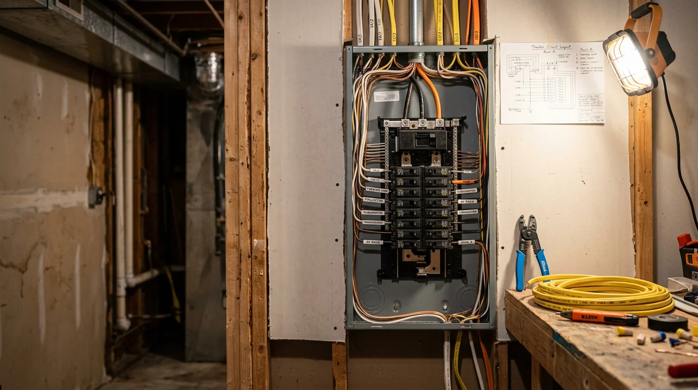 An electrician from Mtn Ops Electric installing a dedicated circuit panel connection for a home theater system in a residential home in Burley, Idaho. In-wall wiring runs cleanly to a flush-mounted outlet behind the equipment wall in a finished living room.