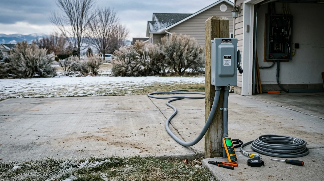 A weatherproof GFCI disconnect box mounted on an exterior wall beside a hot tub pad at a residential property in Burley, Idaho. Conduit runs from the disconnect down toward the ground, with a snow-dusted backyard visible in the background.