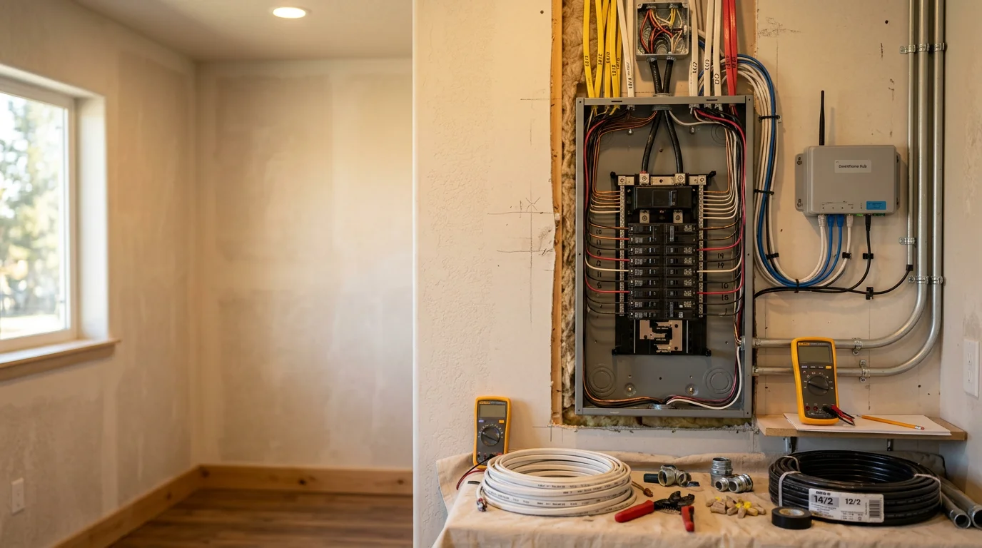 An electrician from Mtn Ops Electric wiring a smart home control panel inside a residential home in Burley, Idaho. Finished smart light switches and a wall-mounted automation panel are visible in the background.