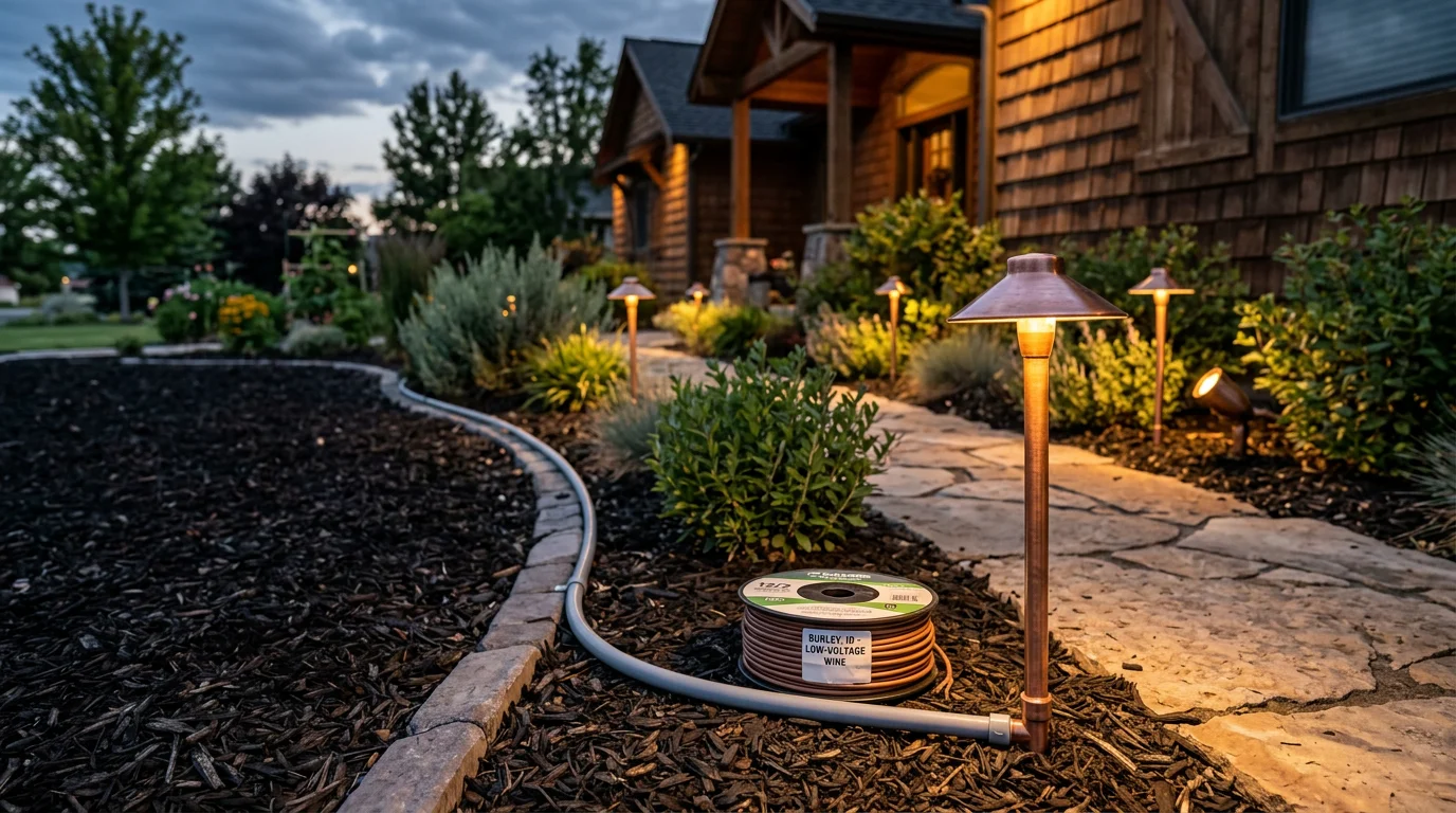 Professionally installed landscape lighting illuminating a residential walkway and garden beds at a Burley, Idaho home after dark. Pathway fixtures and accent lights highlight the front yard and entryway against a clear Idaho night sky.