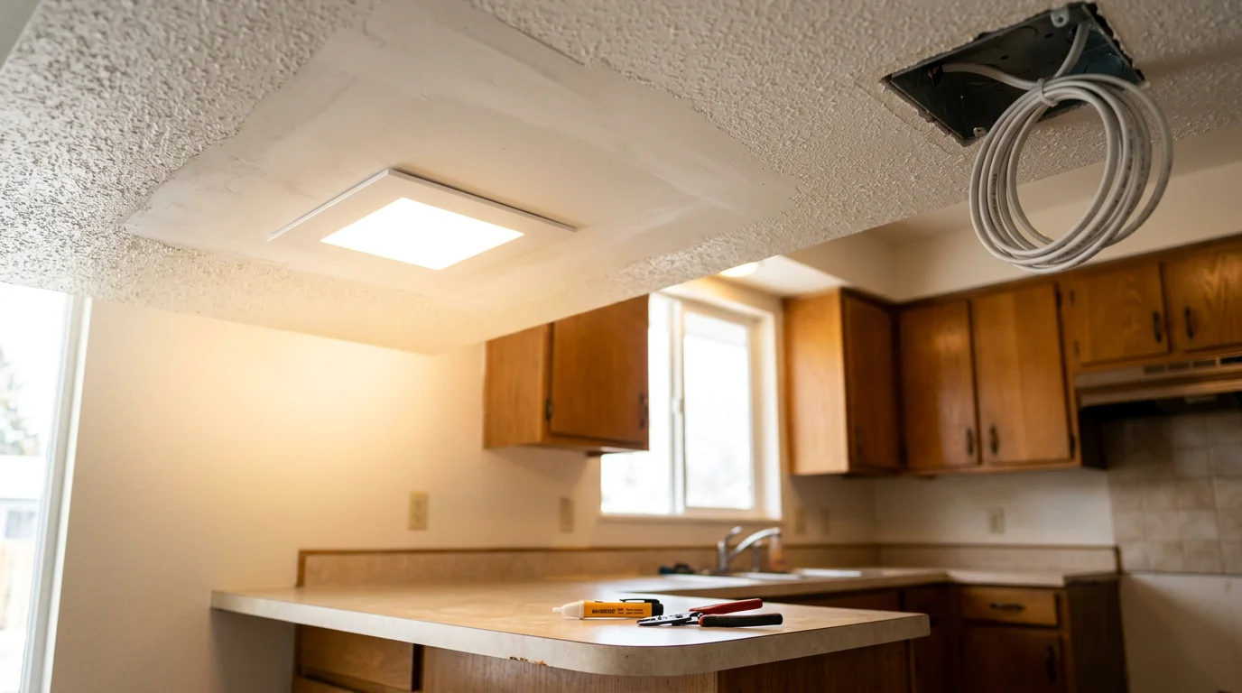 An electrician installing a modern ceiling light fixture in a residential kitchen in Burley, Idaho. The old fixture has been removed and the new fixture is being secured to the junction box above the kitchen island.