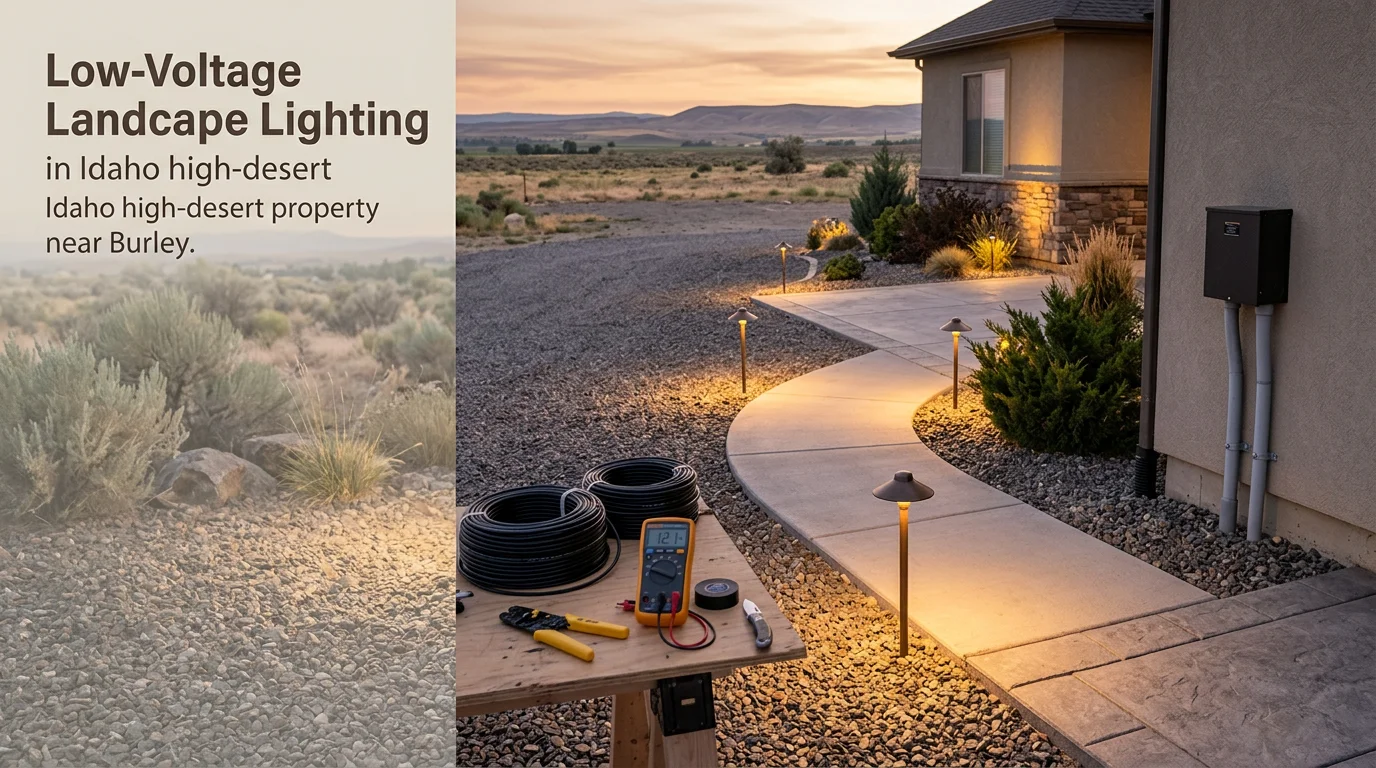 Low-voltage pathway and entryway lighting installed along the front walkway of a residential property in Burley, Idaho, with fixtures casting even light across a concrete path at dusk. A wall-mounted transformer is visible near the garage, connected to buried wire running to each fixture.