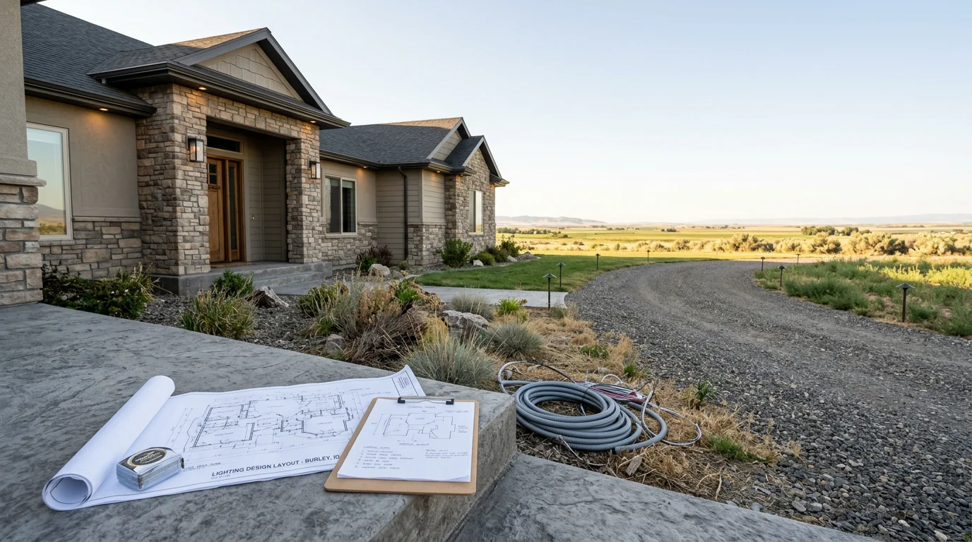 Outdoor lighting design plan laid out for a single-story residential property in Burley, Idaho, showing zone markings for entry, walkway, and accent areas. A lighting contractor reviews fixture placement points across the front yard and driveway in the early evening.