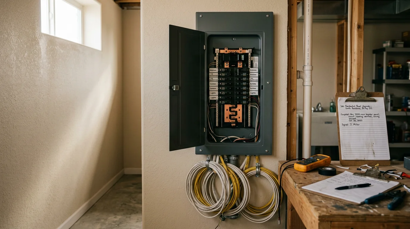 A newly installed residential electrical panel with organized breakers mounted on a utility room wall in a Burley, Idaho home. The panel is clean, properly labeled, and ready to handle modern household electrical loads.