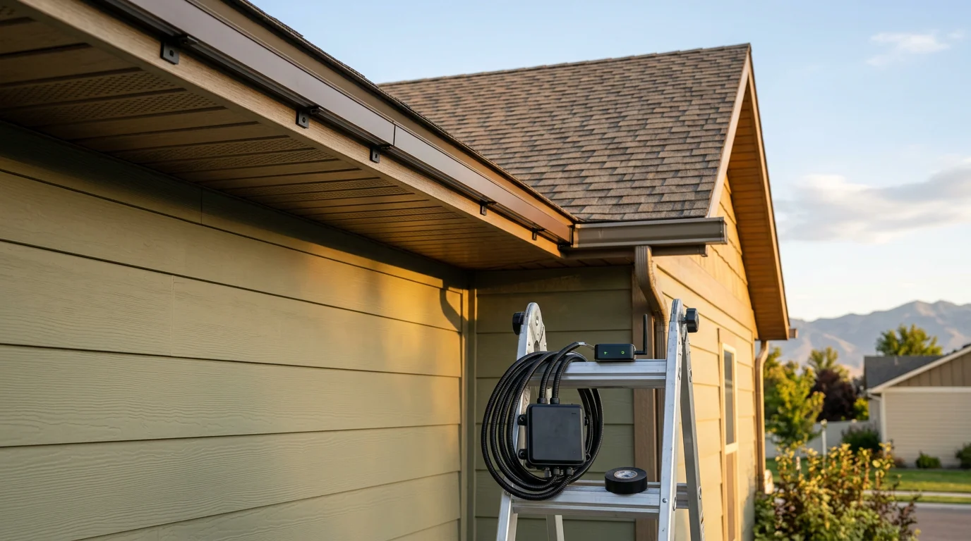 Permanent LED holiday lighting installed along the roofline of a single-story home in Burley, Idaho, glowing warm white against a dark winter sky. The low-profile aluminum track follows the roofline trim cleanly with no visible wires or clips.
