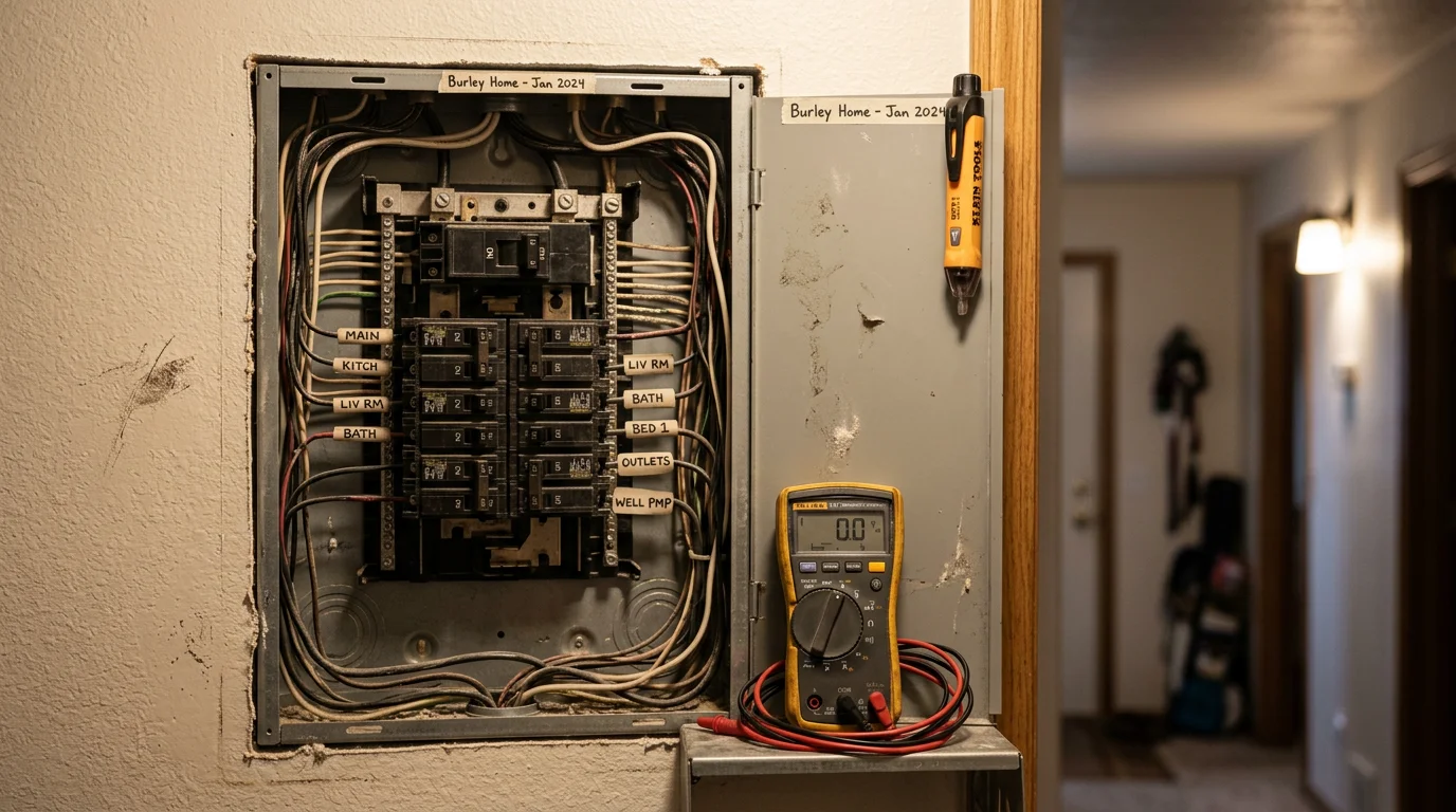 An electrician inspecting an open residential electrical panel in a home in Burley, Idaho, checking circuit breakers during a power restoration service call. The panel shows multiple breaker rows with one breaker in the tripped position.