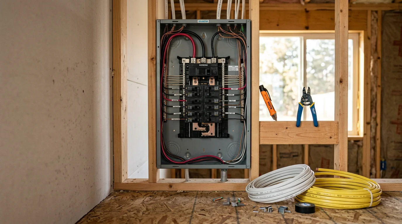 An electrician from Mtn Ops Electric installing new wiring and electrical circuits inside a residential home in Burley, Idaho. The image shows clean, organized wiring work in progress during a residential electrical installation project.
