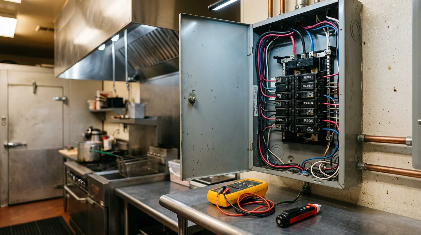 An electrician inspecting a commercial electrical panel inside a restaurant kitchen in Burley, Idaho. Circuit breakers and heavy-gauge wiring are visible, with commercial kitchen equipment in the background.