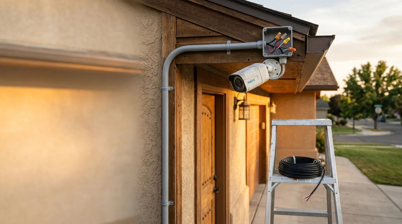 A professionally installed outdoor security camera mounted above a garage entry on a residential property in Burley, Idaho, with clean wiring routed along the exterior wall. The camera is positioned to cover a gravel driveway and detached outbuilding typical of southern Idaho rural homes.