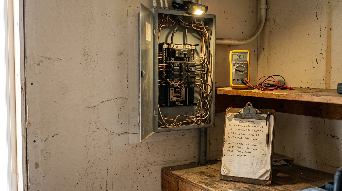 An electrician from Mtn Ops Electric inspecting a residential electrical panel during a troubleshooting visit at a home in Burley, Idaho. The panel cover is open and the electrician is tracing circuits to locate the source of an electrical fault.